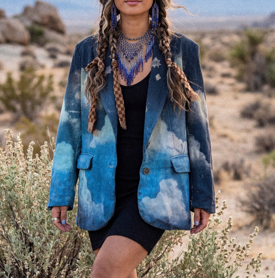 Small - Business with the Midnight Sky Blazer -Linen - Upcycled - Small - padded shoulder - Business Playful