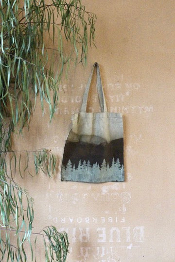 Zhinh - Roger/Tree Landscape Print Tote Bag - Green -Limited series - Hand dyed - Screen Printed- Organic Cotton- Grocery bag/Book Bag/Picnic Bag