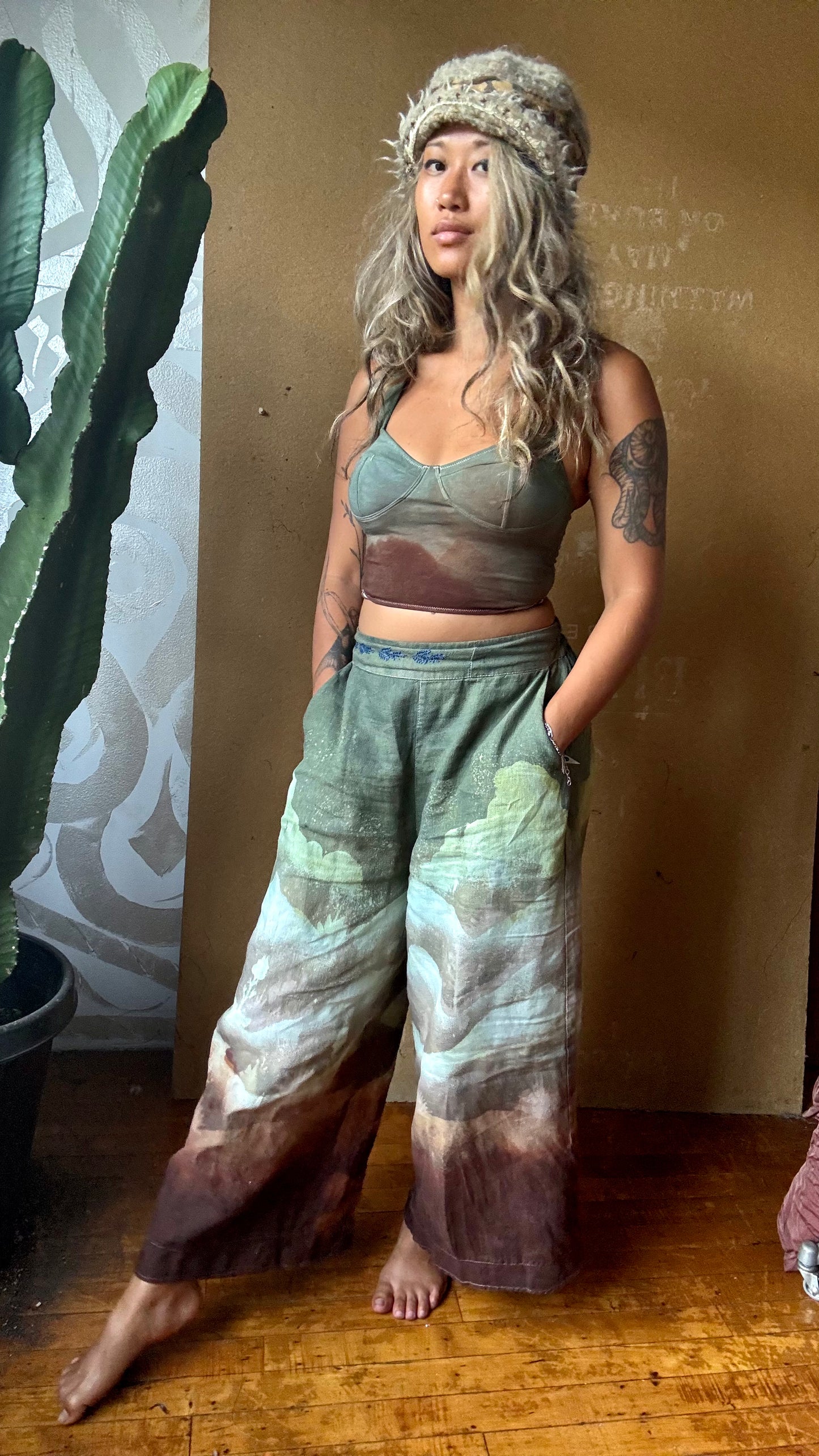 S/M -Size 4- Desert Soothe Landscape Wide Legged Pants - Embroidery waist detail - Linen Pants - Upcycled - OOAK