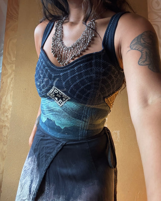 2 in stock- Fits XS/S - Deep Water Spirit Continuum/Integration -Corset Top - FUll length -100% thick sturdy heavy weight Cotton french terry - Deadstock fabric- regenra-zhinh