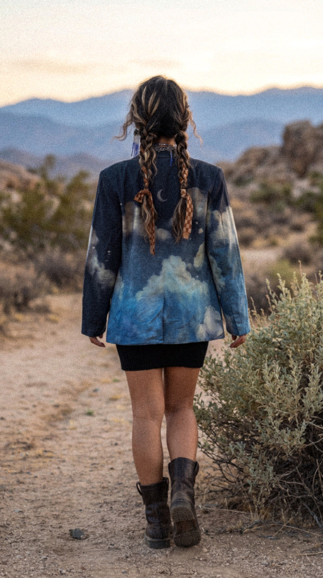 Small - Business with the Midnight Sky Blazer -Linen - Upcycled - Small - padded shoulder - Business Playful