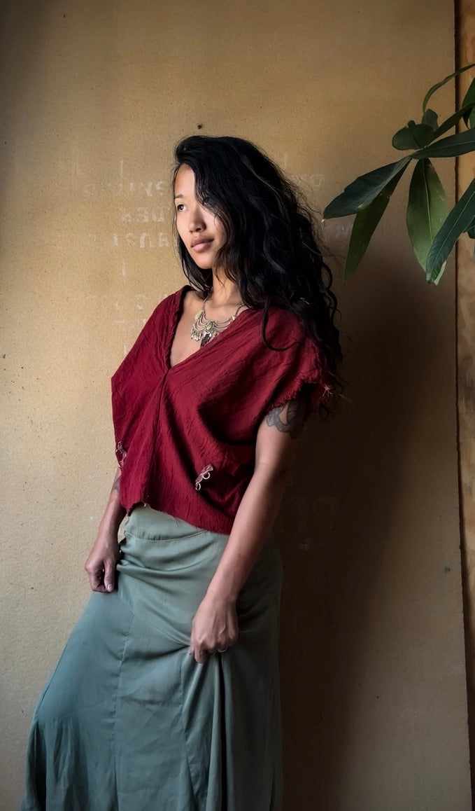 RTS - Petite (XS/S/M) The Bleed Henka Top - Organic Rain fed hand woven Kala Cotton- Hand dyed