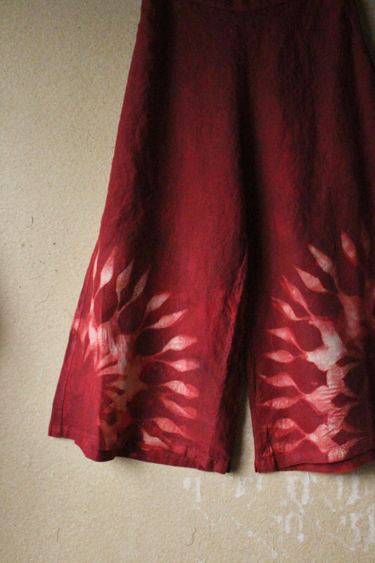 Small/Med - Red Lunadala Wide Legged Pants - 100% Linen - Elastic back band Upcycled