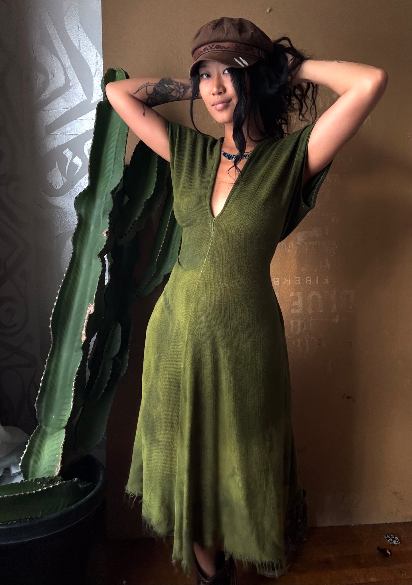 Regular (Fits S/M/L) Midi- Olive Green Henka Dress - 100% Novelty Cotton - Deadstock Fluid and very soft&textured