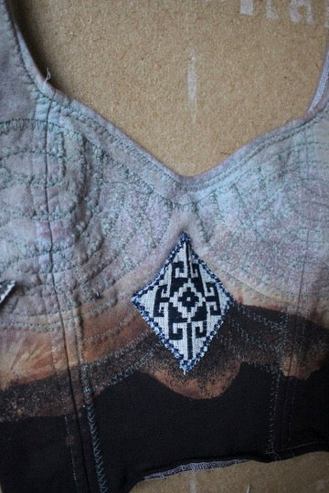 XS/S - Continuum/Integration Corset Top - Vintage 70's Handwoven Vietnamese patches - Adjustable back