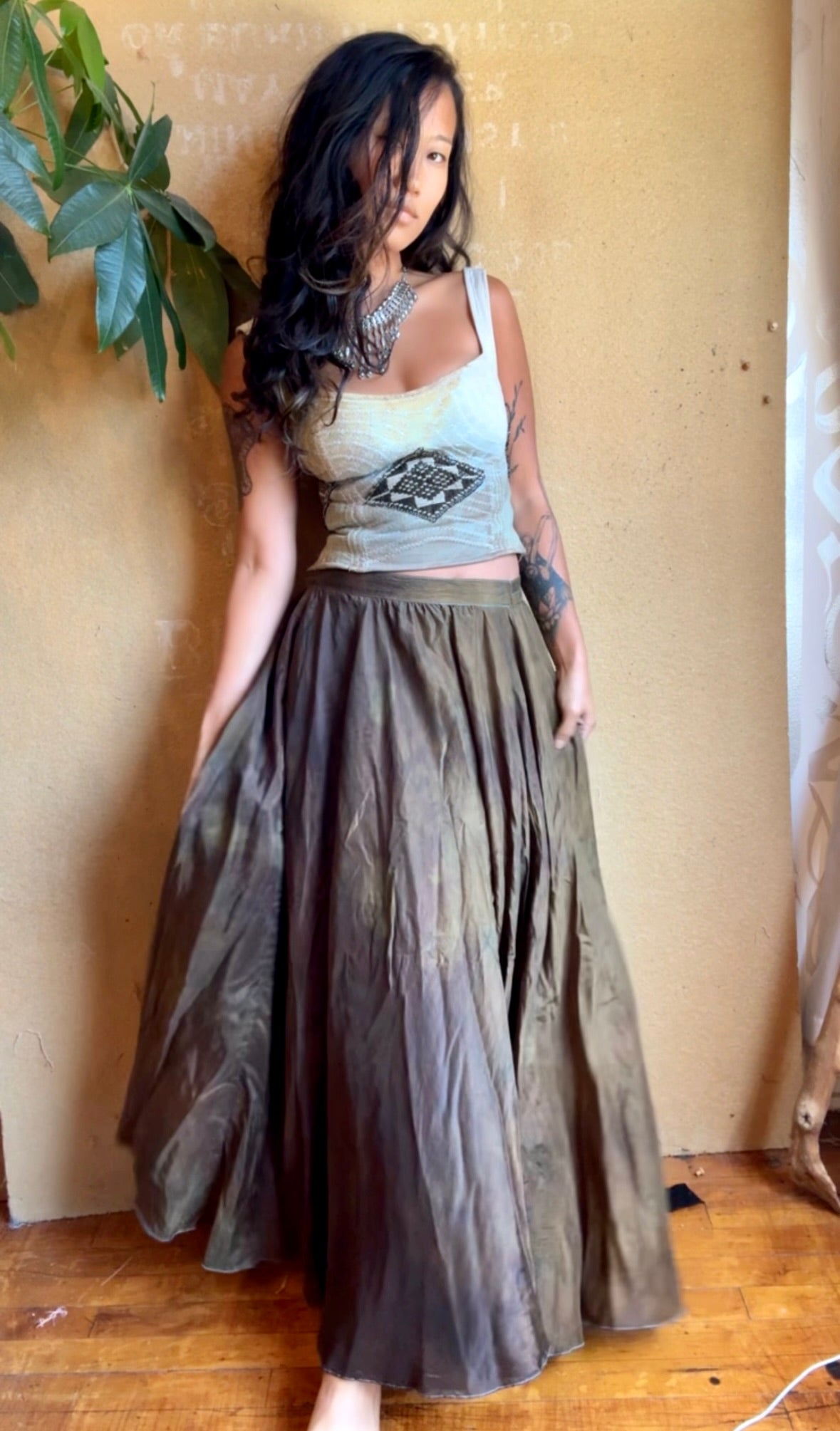Small - Bronze Beetle Maxi/midi Skirt - Made from 8 meters of 100% Peace Ahisma Silk - Hand dyed- Olive green/bronze/brown -OOAK