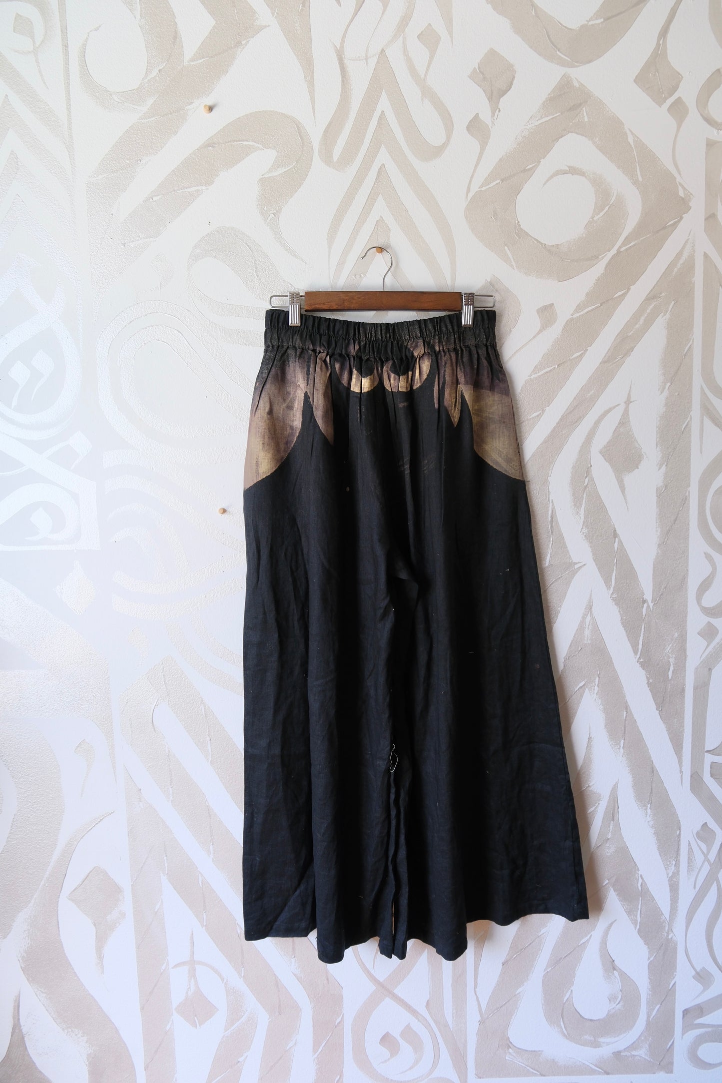 Size 4 - (Fits small -Medium ) The Black Dragon Pants- Wide legged Skirt Like Pants - -Pleated - Pockets -40 Cotton 60 Linen - OOAK - Embroidered Detailed waist - Stretch back waist band