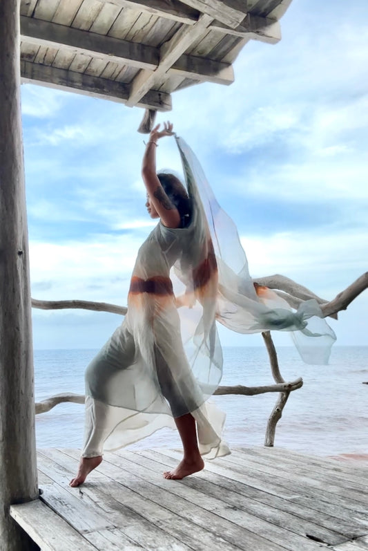 Free Size- Sunset Horizon on the Lake- EXPANSE 100% dead stock Silk Chiffon Cover up Dress- Adjustable straps