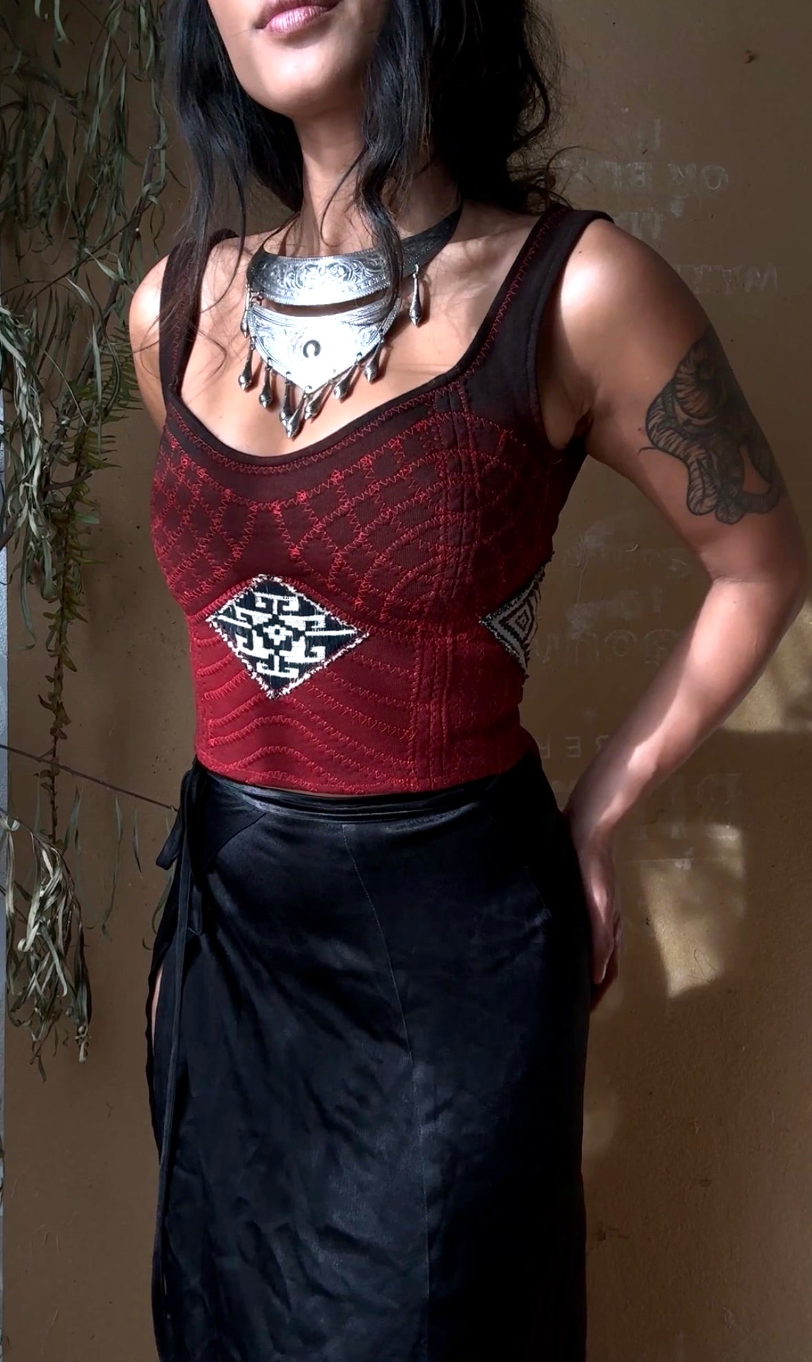 RTS -Fits XS and Small- Continuum Integration-Charcoal Embers Corset Top -Ready to Ship- Hand dyed-70's Vintage Vietnamese Hmong hilltribe woven textile patches