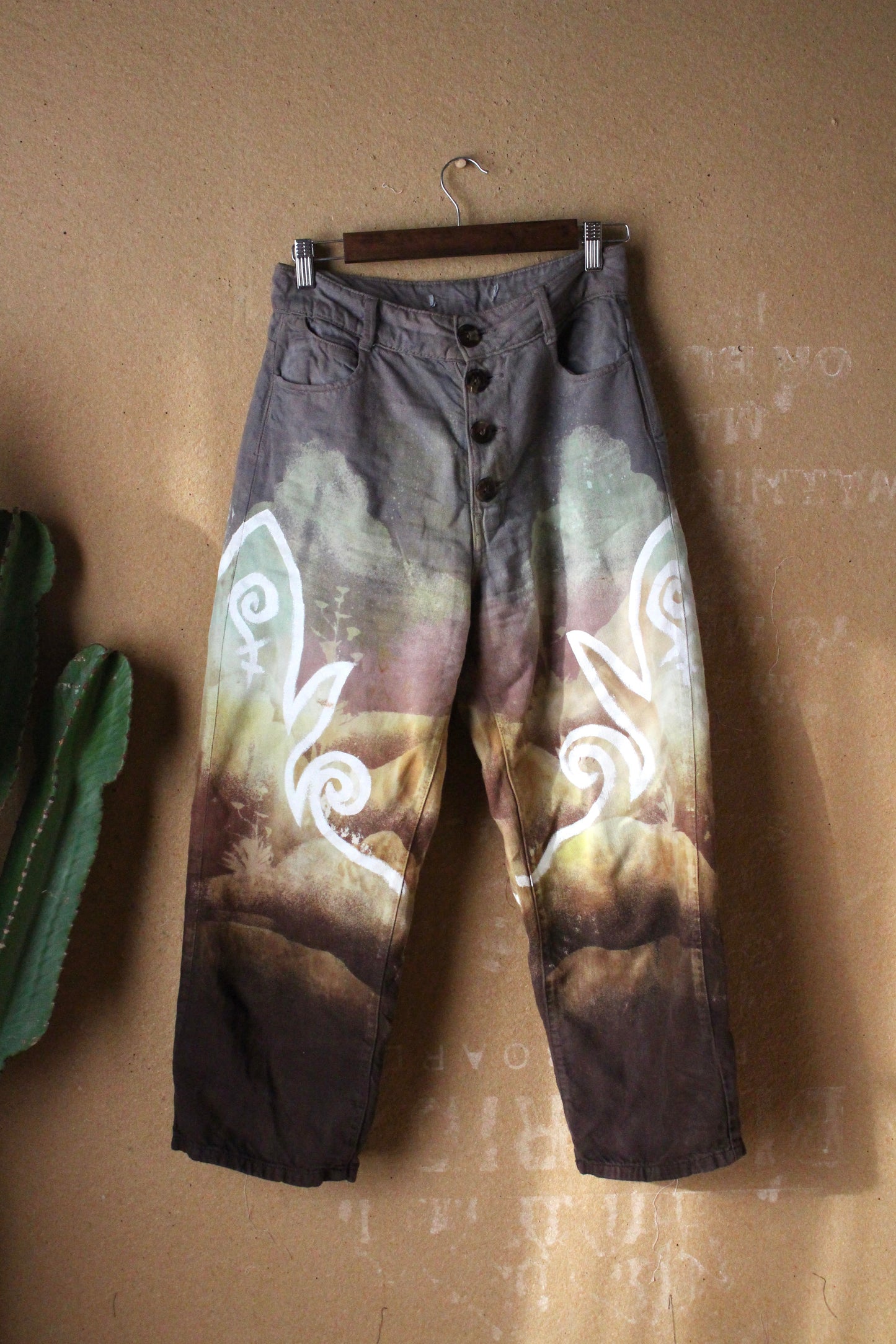 4 Pants OOAK -SIZE: 4- Lavendar Skies Landscape - 62% cotton 38% linen-Temple Swirls- Regenerazhinh Upcycled Pants