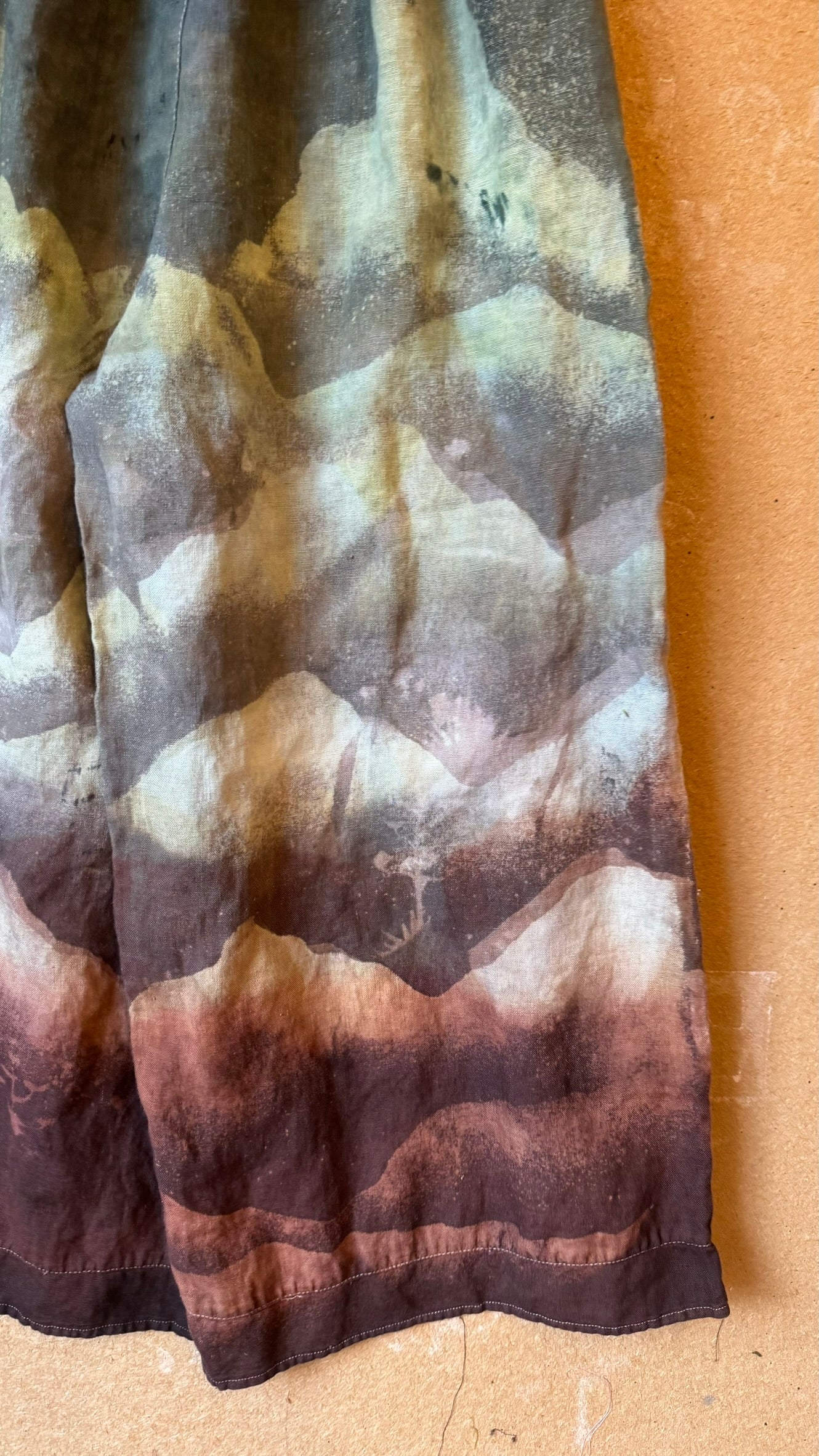 S/M -Size 4- Desert Soothe Landscape Wide Legged Pants - Embroidery waist detail - Linen Pants - Upcycled - OOAK