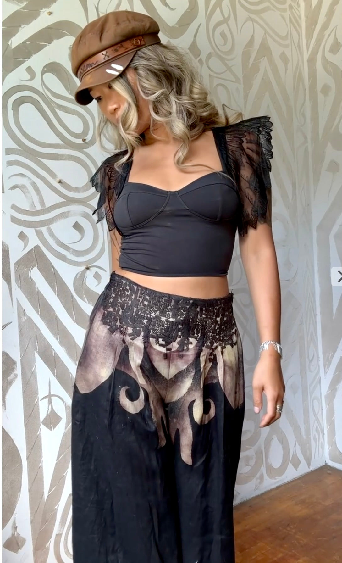 Size 4 - (Fits small -Medium ) The Black Dragon Pants- Wide legged Skirt Like Pants - -Pleated - Pockets -40 Cotton 60 Linen - OOAK - Embroidered Detailed waist - Stretch back waist band