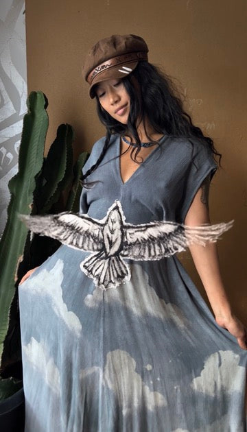 Regular (Fits S/M/L) Tall Maxi Dress (can Hem If requested) Silver Cloudy Sky Henka Dress - Hawk Spirit signs -Tie Back Hand painted Hawk patch -
