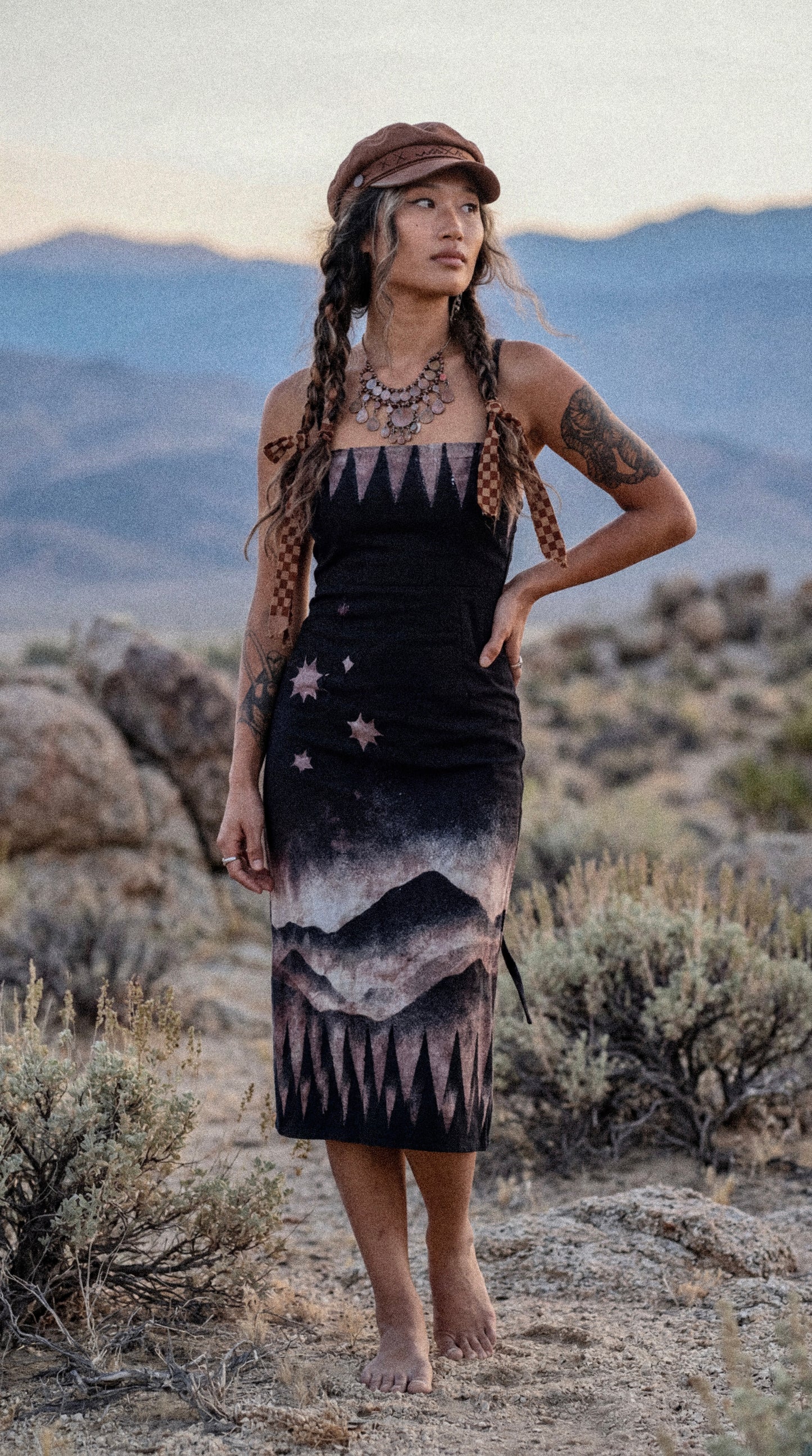 Fits M/L - Black Mysteries of the Mountains Dress-Made From 50% Linen 48%Rayon 2 % Spndx - Tie Back adjustable and Zipper - Stretchy -Uplcycled