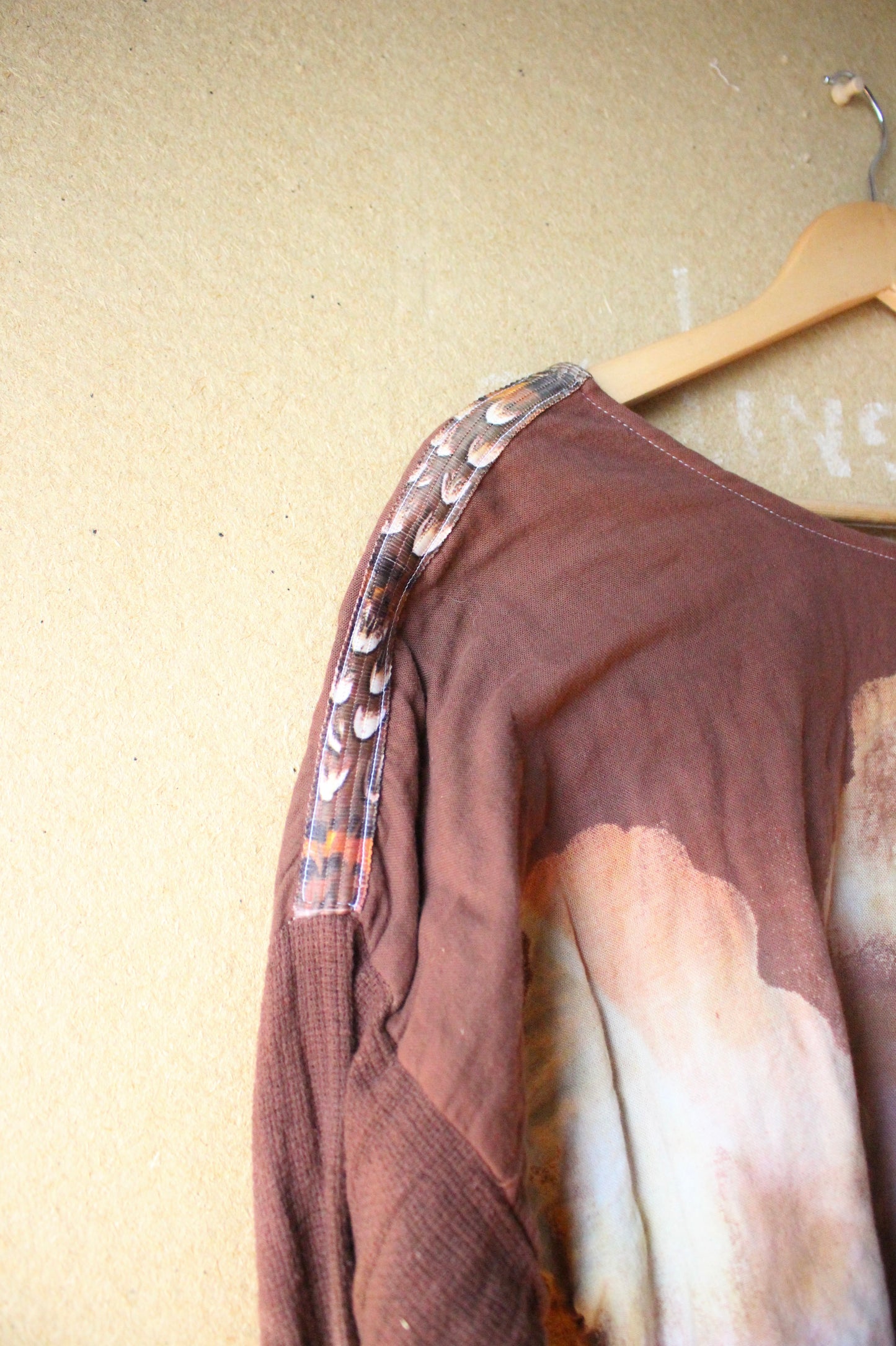 Medium - OOAK - Muave CLoudy Sky Slouchy Long Sleeve Top -Integration- 100% Heavy weight triple layered Cotton Gauze - Feather trim shoulders- Slight Crop. Vintage hmong hilltribe vietnamese patch hand woven