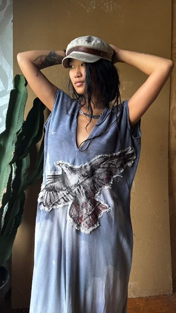 Petite (Fits XS/S/M) Tall Maxi Dress (can Hem If requested) And rise neckline too if needed - Silver Cloudy Sky Henka Dress - Hawk Spirit signs -Tie Back Hand painted Hawk patch - (Copy)