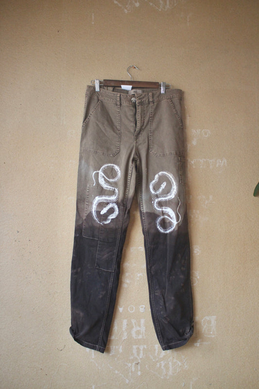 Size 8-10 - Serpent Bones Pants Upcycled - 29x30 - screen printed -hand dyed -98% Cotton 2% Spandex
