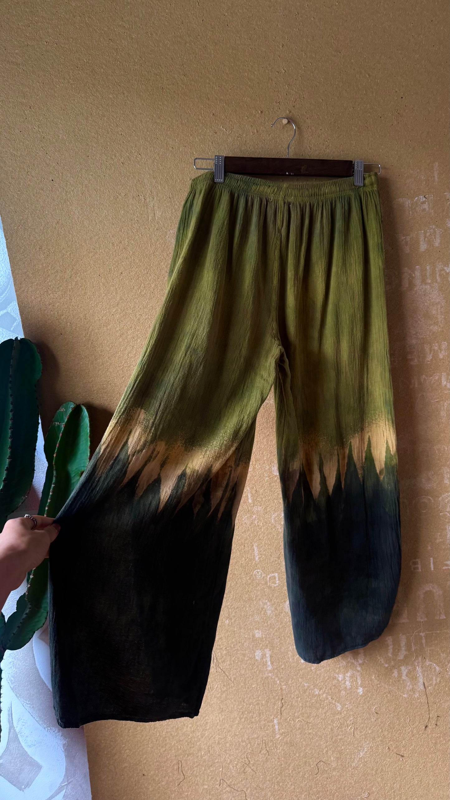9 Pants - Small (Short) GREEN Mountianous - 100%  Cotton Gauze- Airy- Stretch Waist -  Side bottom pants slits-Regenerazhinh Upcycled Pants (Copy)