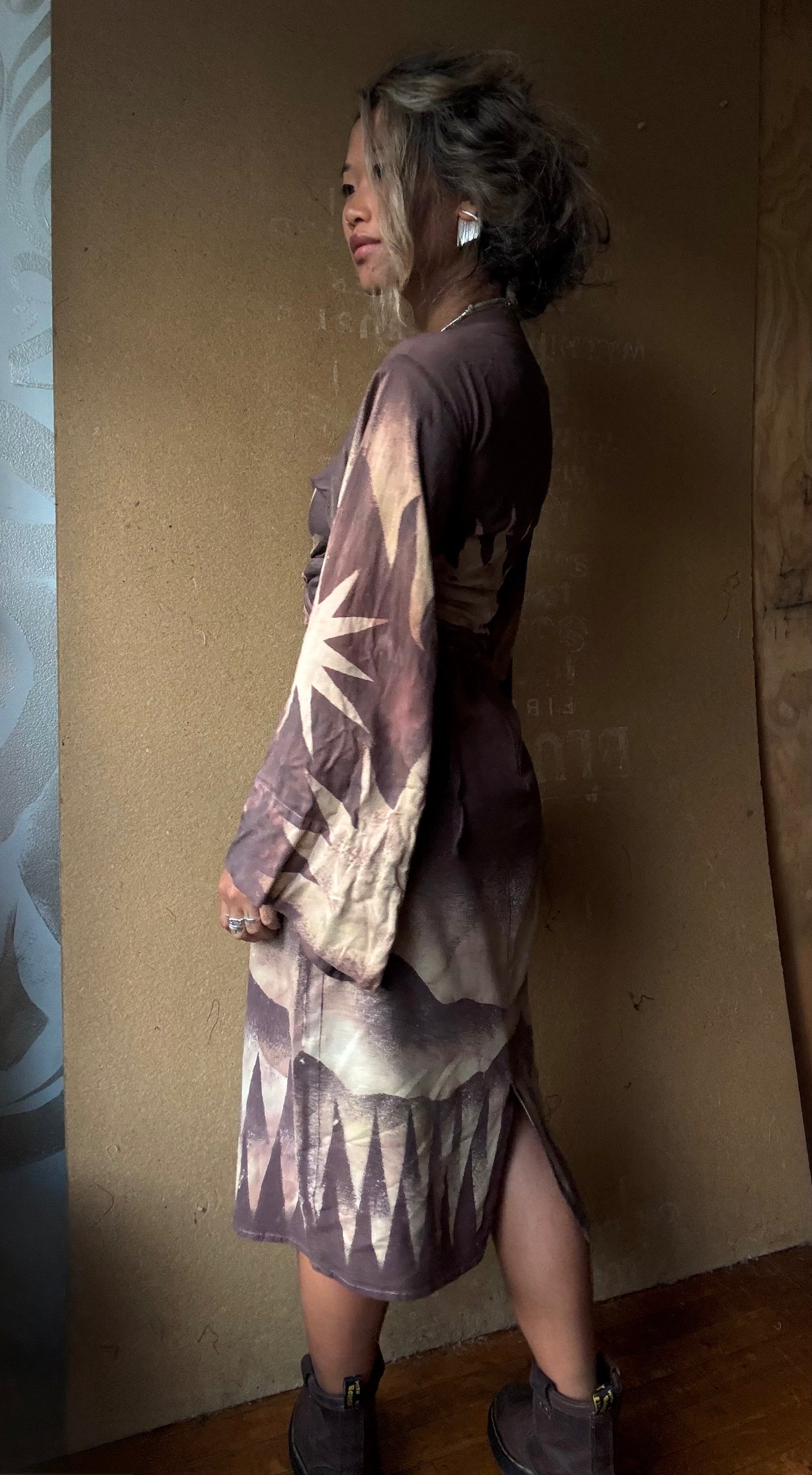S/M- Mauve Starburst -Kimono Wrap Top- RTS- Regal/Casual - Bell sleeves- Made From Lotus Agricultural waste "Silk"