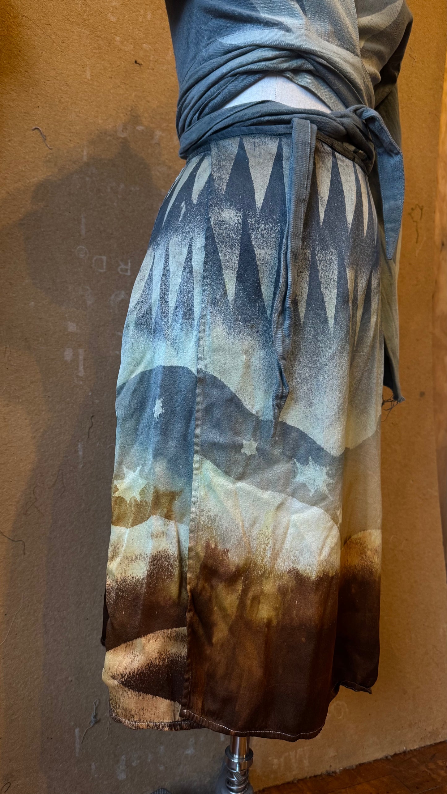 S/M - The Cold Front over the Desert -OOAK Landscape Tapestry Wrap Skirt-  Orange peel waste "silk" Fabric- Dip dyed- Handcut Stencil design