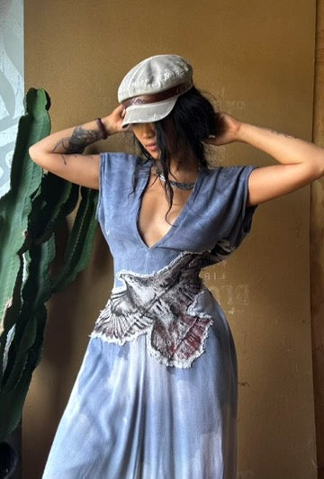 Petite (Fits XS/S/M) Tall Maxi Dress (can Hem If requested) And rise neckline too if needed - Silver Cloudy Sky Henka Dress - Hawk Spirit signs -Tie Back Hand painted Hawk patch - (Copy)