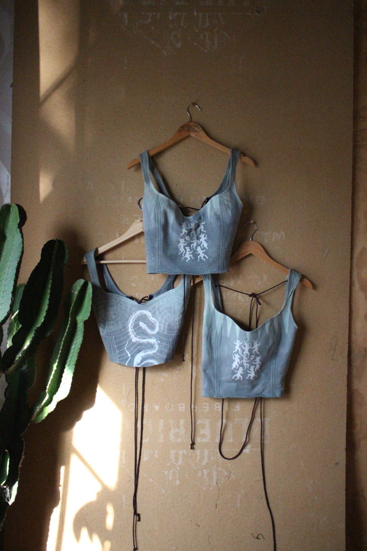 XS - Serpent Bones Ciontinuum- Light Blue Corset Top- Full Length  - 100% Heavy Weight Cotton French Terry - Deadstock Fabric (Copy)