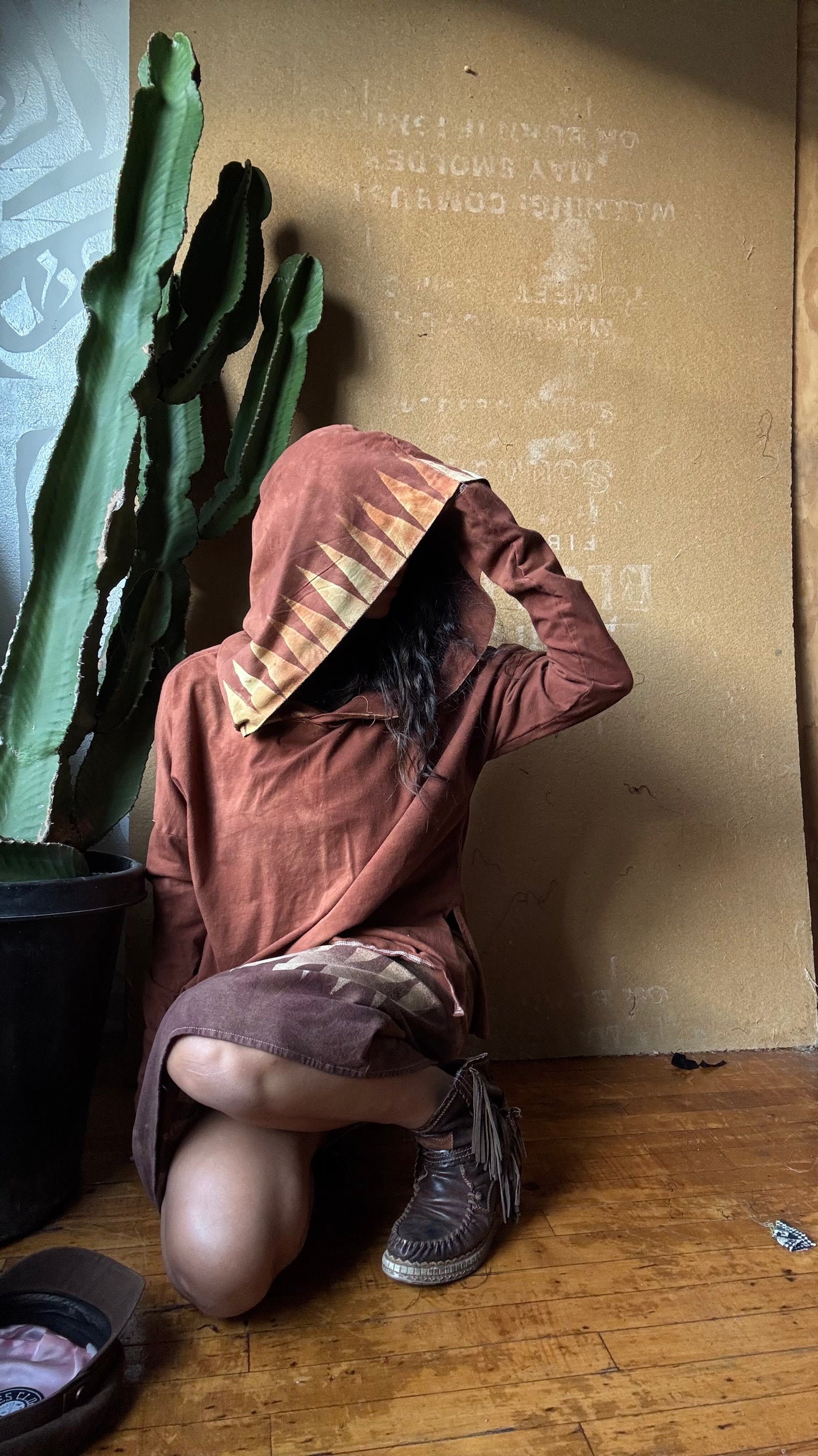 Medium -Terracotta Clay plain solid with Mountain print hood - Slouchy Long sleeve Hoodie  - Oversized Hoodie - 100% Triple layered Cotton heavy weight cotton Gauze - Cotton thermal stretch sleeves