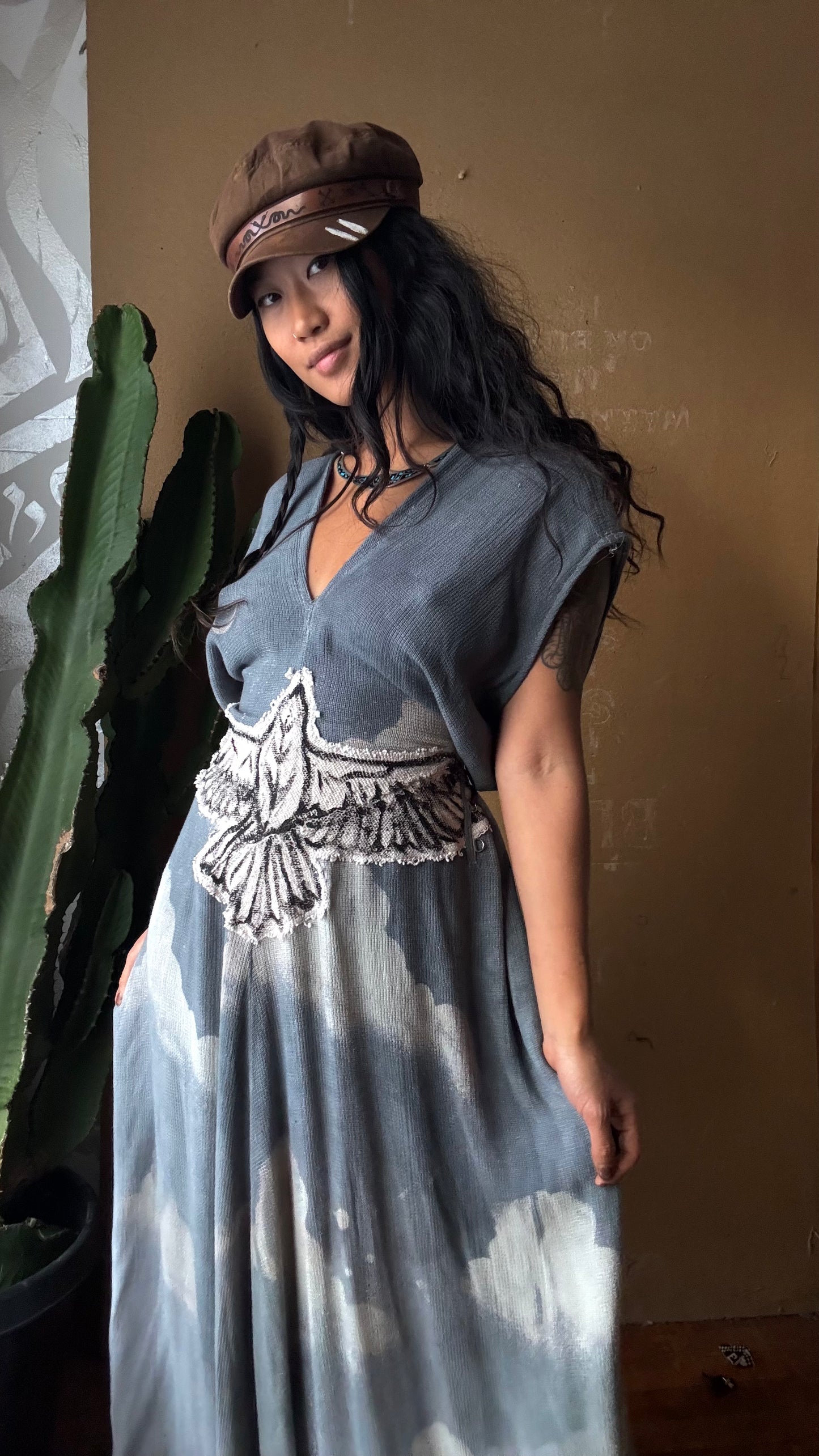 Regular (Fits S/M/L) Tall Maxi Dress (can Hem If requested) Silver Cloudy Sky Henka Dress - Hawk Spirit signs -Tie Back Hand painted Hawk patch -