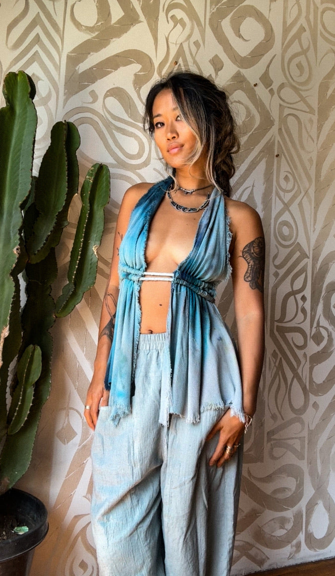 Fits S/M/L -Blue Palette Drop Cloth Waterfall Top -OOAK Curtain style cinched top-100%cotton deadstock novelty cotton fabric soft and textures fluid movement