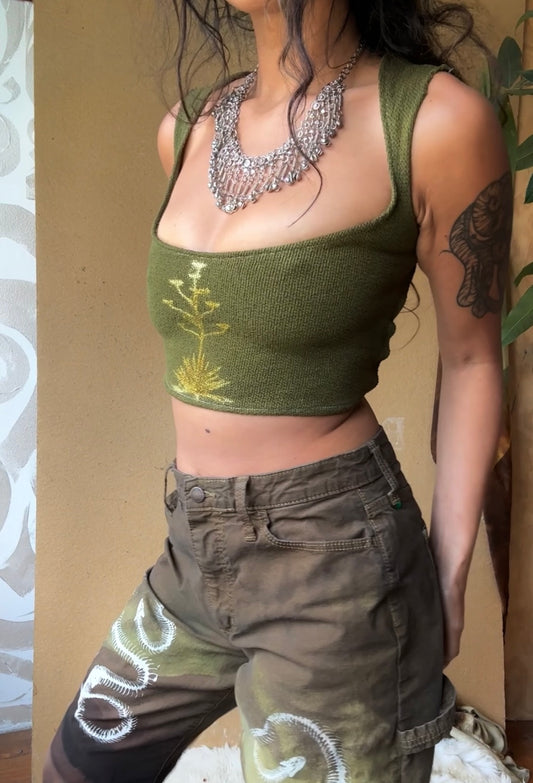 Small- Agave Crop Top - Tie Back - 100% knitted cotton - Thick strudy heavy weight deadstock fabric - hearty - tie back ajustable back