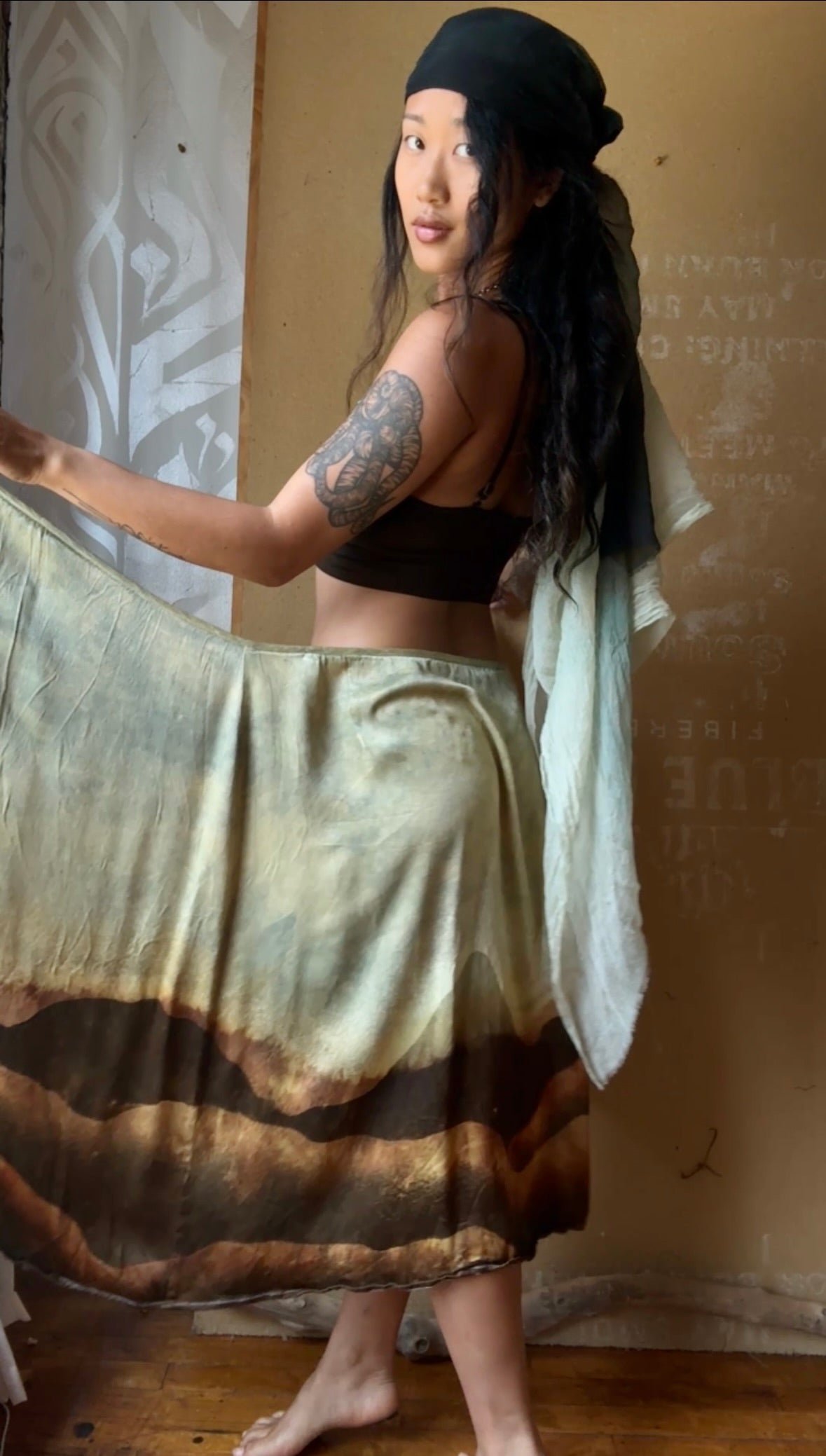 S/M - Mountain Hike Landscape Tapestry Wrap Skirt - Light Blue with evver slight green haze over sky - Orange Peel silk Wrap Skirt