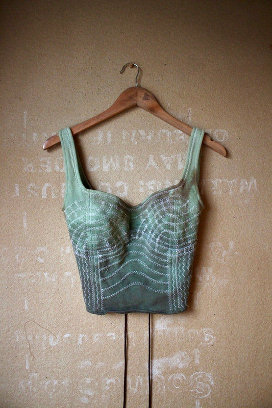 Small/medium -Turquoise Cactus Continuum Corset Top - Full Length- RTS - Sewing Machine Hand guided stitch details