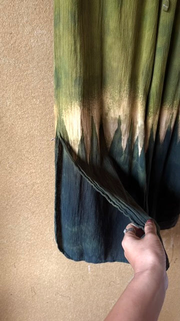 9 Pants - Small (Short) GREEN Mountianous - 100%  Cotton Gauze- Airy- Stretch Waist -  Side bottom pants slits-Regenerazhinh Upcycled Pants (Copy)