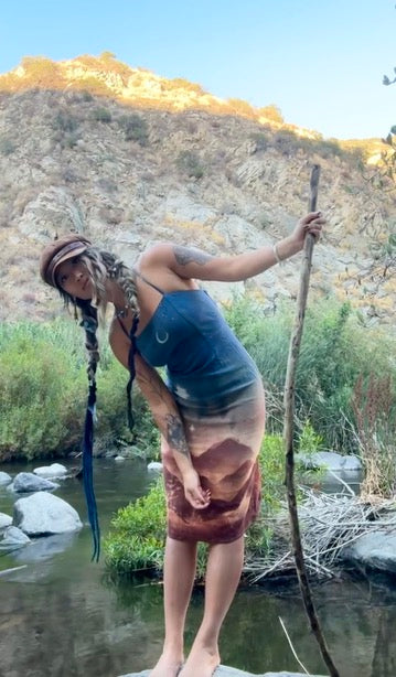 S/M -  Golden Hour In the Mountains- Dress - Tie Back & Zipper - 50% Linen  48% Rayon  2% Spndx - Adjustable Straps-Upcycled Regenerazhinh -OOAK - Recommended for Heights 5.8 and under