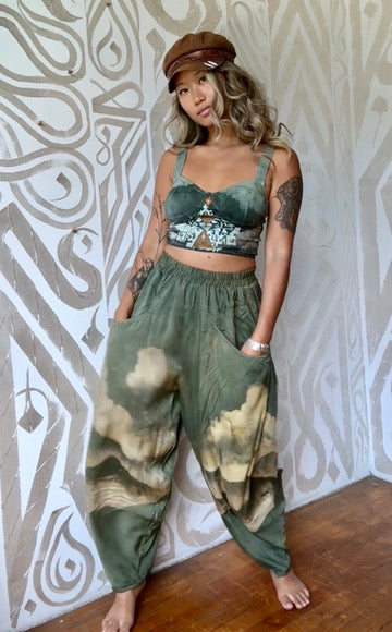 S/M- Jasmine Parachute Pants - Landscape soothe - Clouds - Agave - Made from milky soft  organic lotus plant waste - Vegan "silk