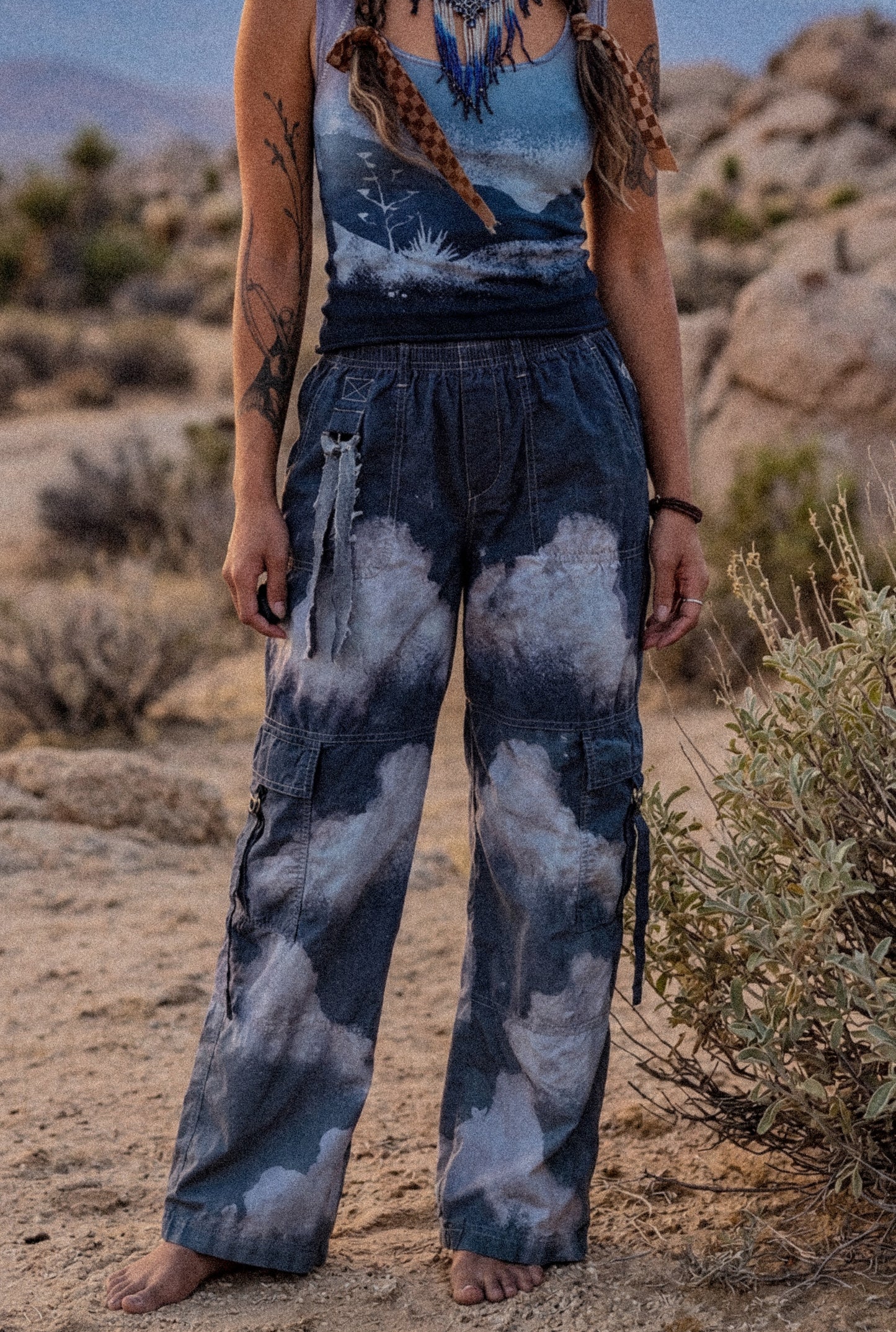 Large- Blue Skies Cloud Cargo Pants - 100% Cotton - Upcycled - Regenera-zhinh - Stretch Waist