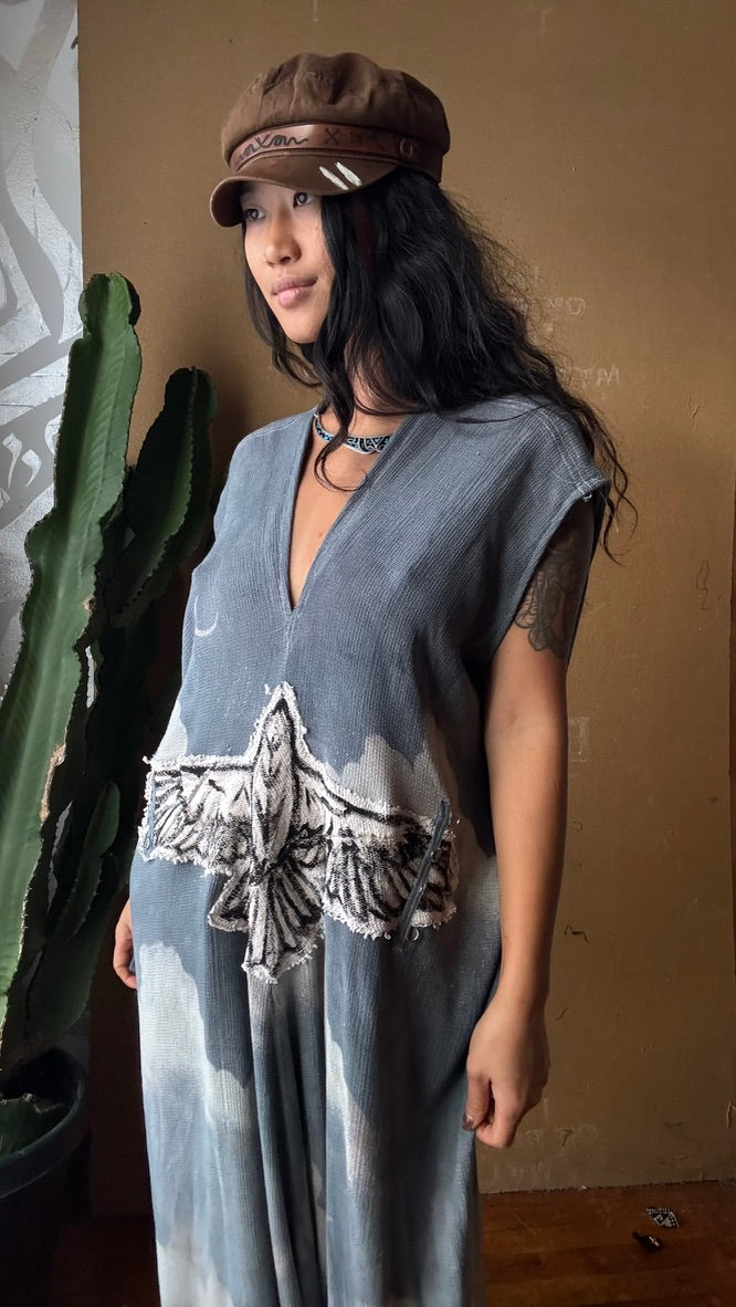 Regular (Fits S/M/L) Tall Maxi Dress (can Hem If requested) Silver Cloudy Sky Henka Dress - Hawk Spirit signs -Tie Back Hand painted Hawk patch -