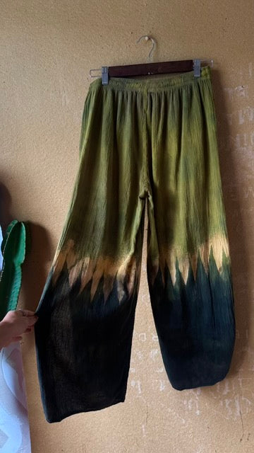 9 Pants - Small (Short) GREEN Mountianous - 100%  Cotton Gauze- Airy- Stretch Waist -  Side bottom pants slits-Regenerazhinh Upcycled Pants (Copy)