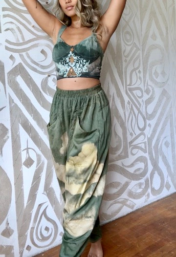 S/M- Jasmine Parachute Pants - Landscape soothe - Clouds - Agave - Made from milky soft  organic lotus plant waste - Vegan "silk