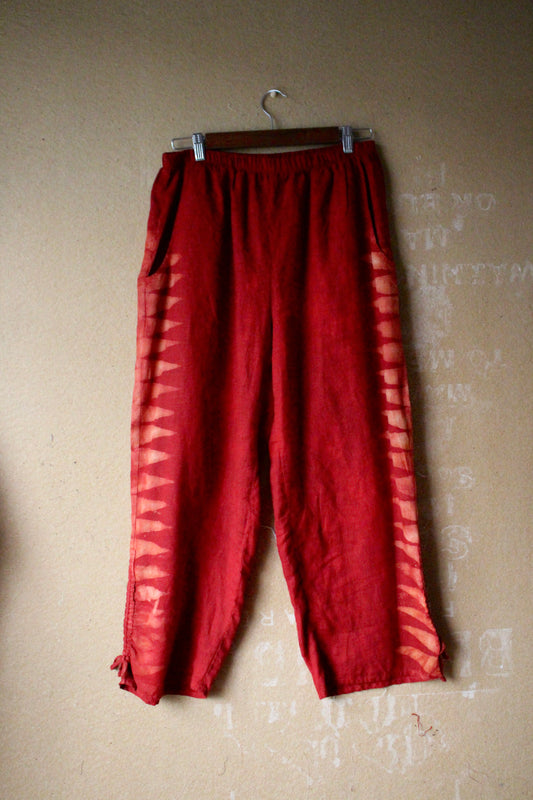 M/L - Red Mountains Pants -FLAX brand -100%  Linen - Upcycled - Drawstring cinch hem adjusters