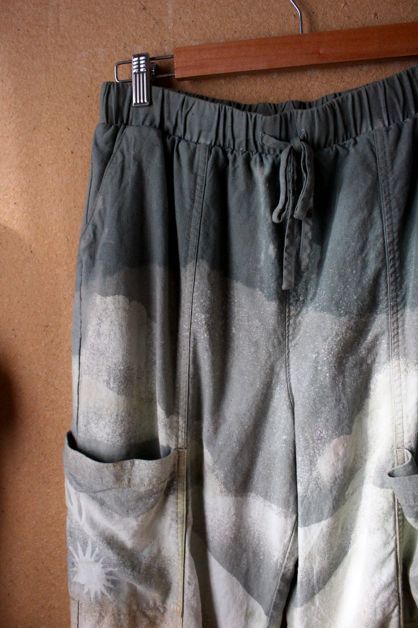 2 Pants OOAK Medium/Large- Landscape - Temple Swirl - 55% linen 45% Rayon Stretch Waist- Regenerazhinh Upcycled Pants (Copy)