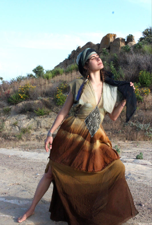 S/M/L - Golden hour Landscape - Henka Dress Maxi dress- Silk Chiffon skirt hem- Vintage handwoven hmong hill tribe tapestry center embellishment - Tie backs For pulling back