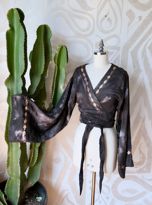 New! MTO- SMOKE Wrap Top- Lotus plant waste vegan Silk- Limited Series- Bell Sleeve Wrap