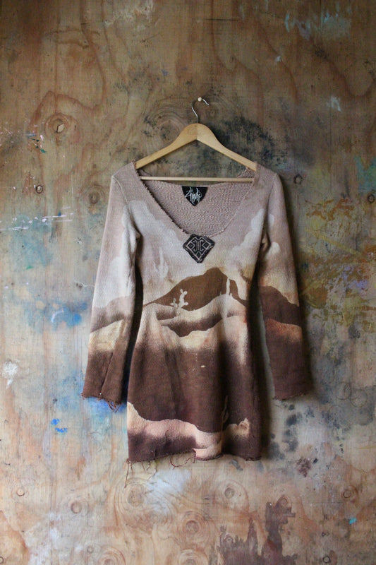 Small- Desert Risings MINI Sweater Dress - Thick French terry - Wit vintage hmong tribe handwomen tapestry