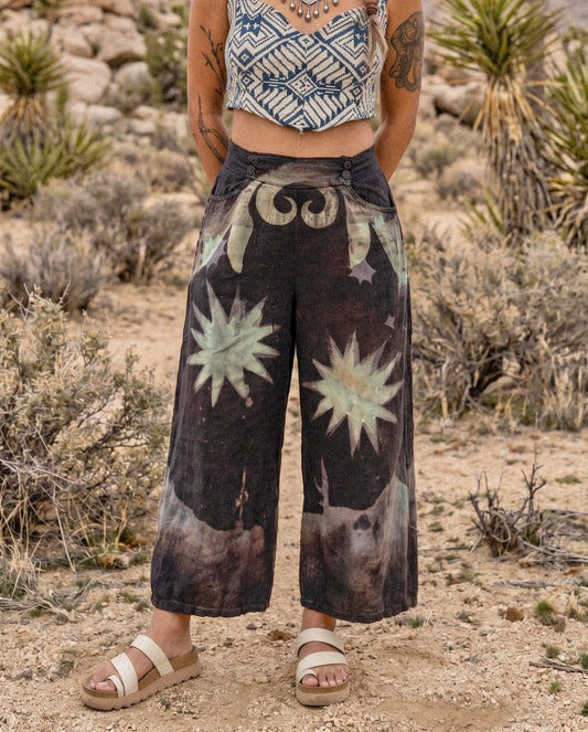 Small/Medium - Mysteries of transformation Pants - OOAK Wide Legged - Short - 100% LinenLinen Pants - upcycled/ Regenerazhinh