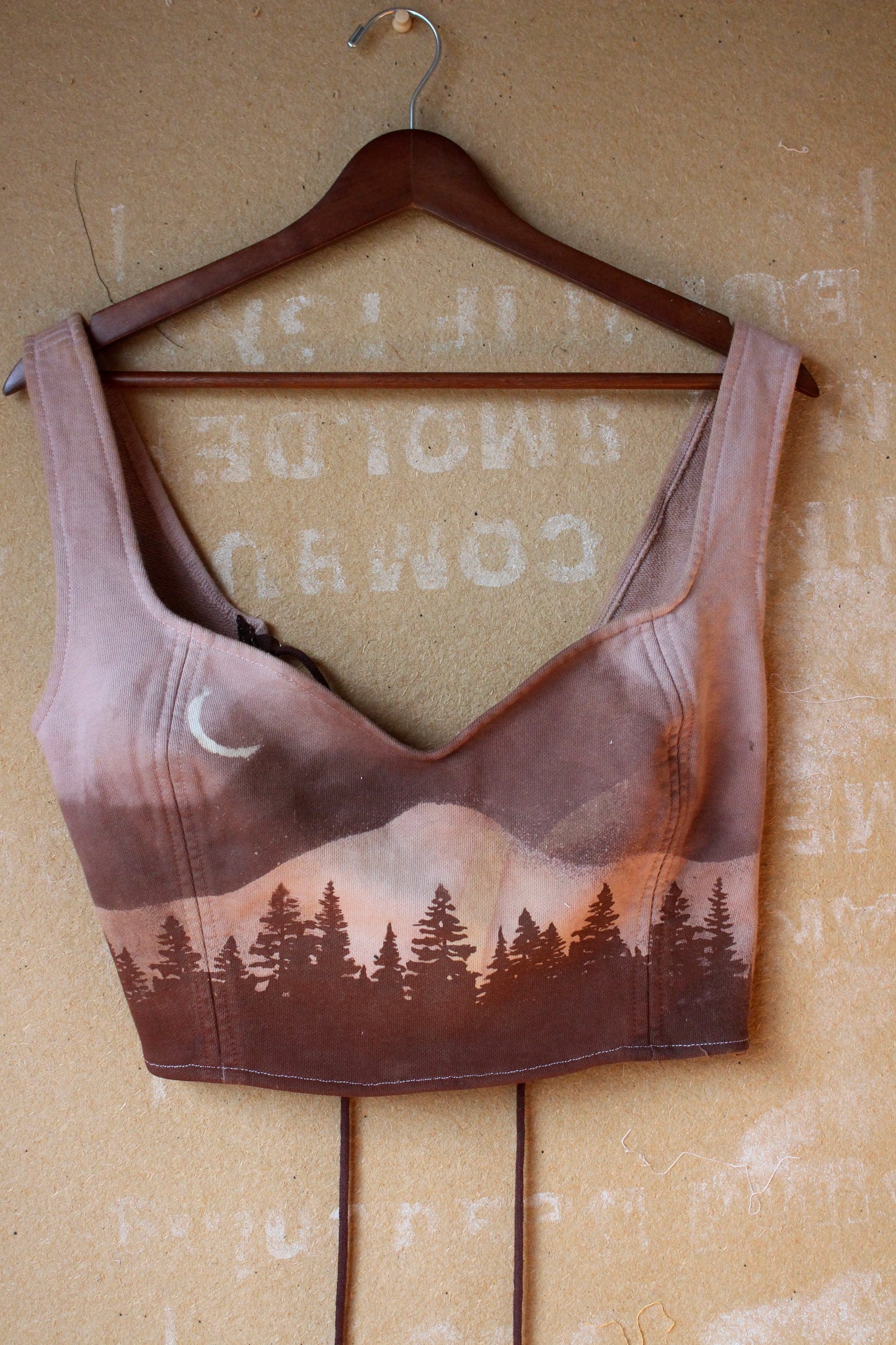 Large - Mauve Forest moon Landscape Corset Bustier Top- Screen printed - and stenciled - Made from 100% Cotton french terry thick sturdy heacy weight