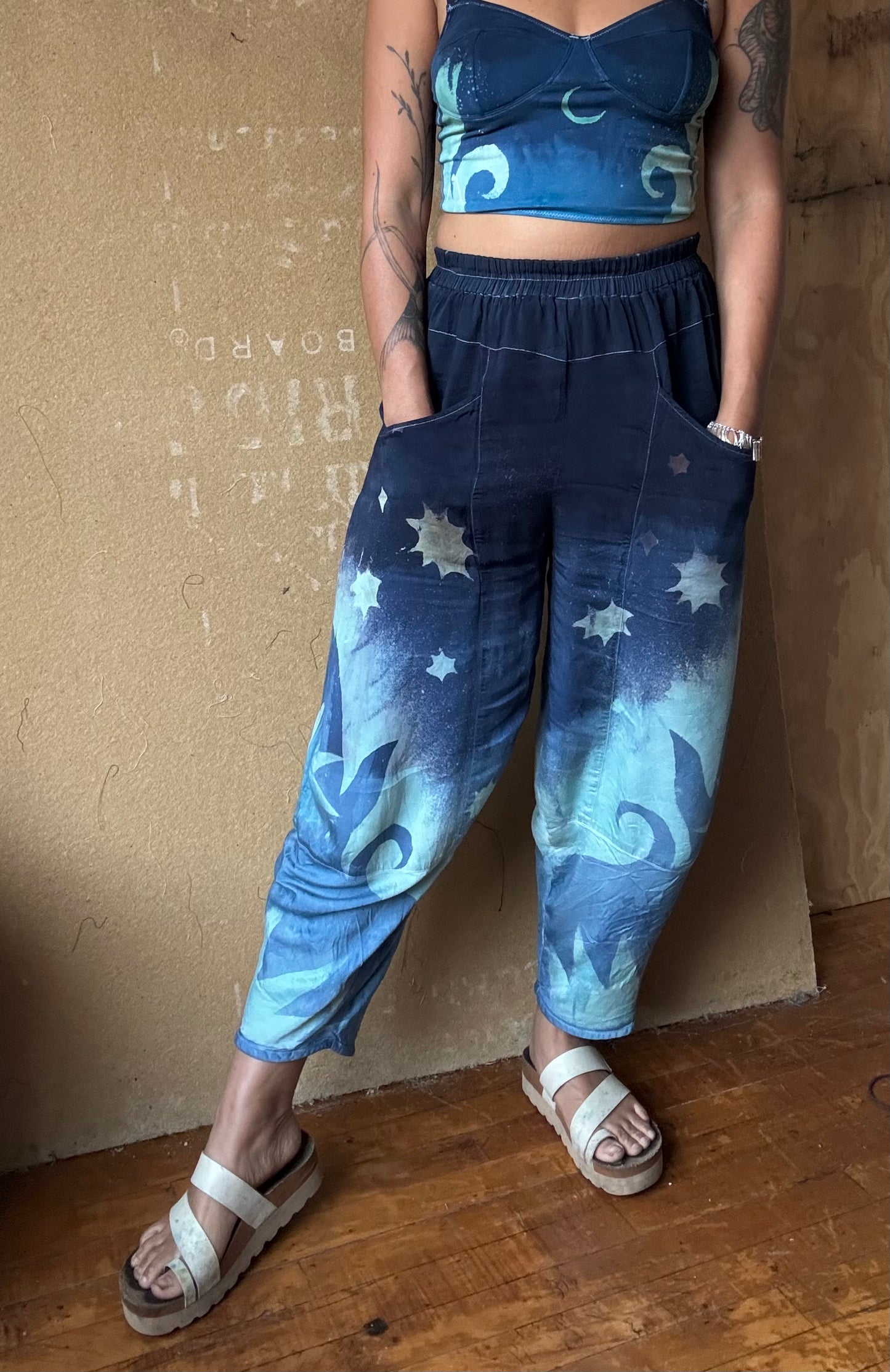 Small - Midnight Swirl Parachute Pants - Soft Milky Lotus Plant waste "Silk" - Short length  (recommended for 5.5ft and shorter) Vegan Silk - Milky Soft