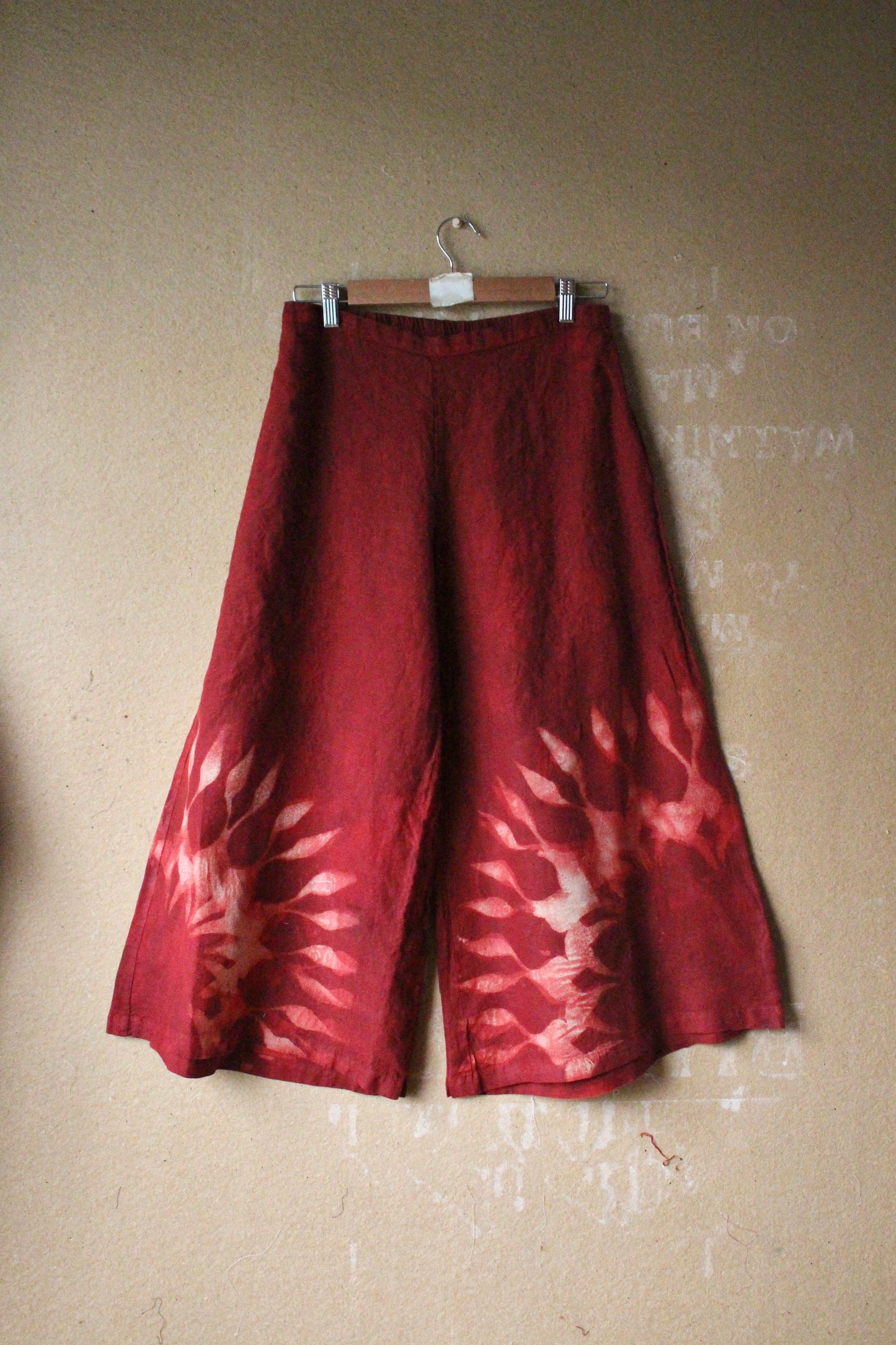 Small/Med - Red Lunadala Wide Legged Pants - 100% Linen - Elastic back band Upcycled