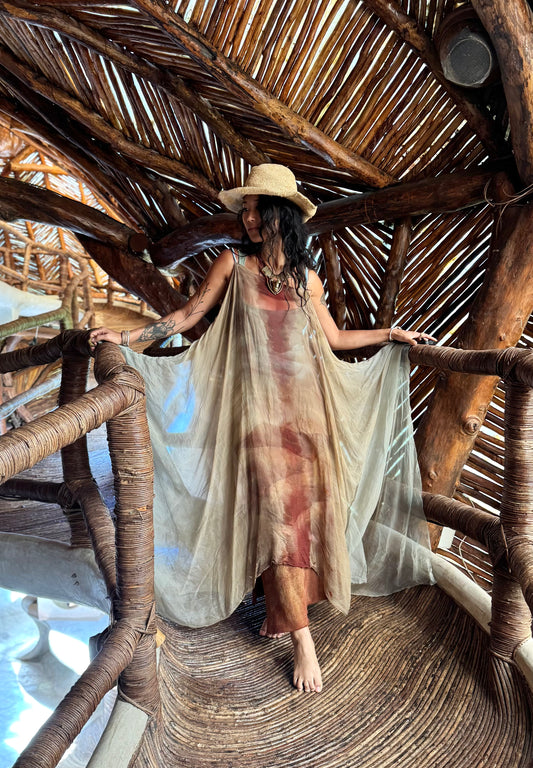 Free size - Aura EXPANSE 100% Dead stock Silk Chiffon Cover up translucent dress - Adjustable straps- Finger straps for wings