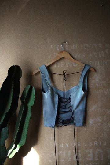 Medium- Celebration Of Life - Light Blue Corset Top - Full Length - 100% Heavy Weight Cotton French Terry - Deadstock Fabric